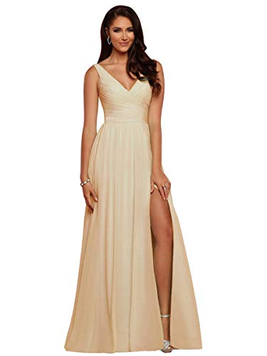 V Neck Bridesmaid Dresses Long Split Chiffon Pleated Wedding Evening Prom Gown for Women Champagne Size 8