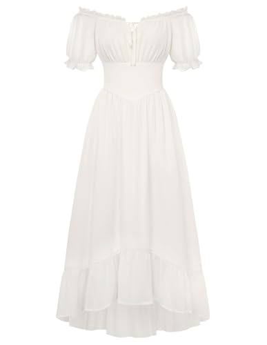 Scarlet Darkness Women Renaissance Dress Puff Sleeve Off Shoulder Fairy Milkmaid Dress White M