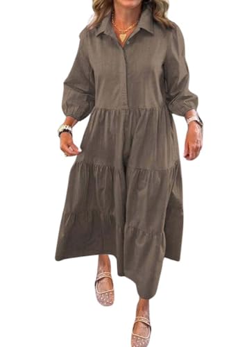 Image of chouyatou Women's Loose Fit Puff Sleeve Maxi Tiered Babydoll Dress V-Neck Cotton Long Button Down Dress