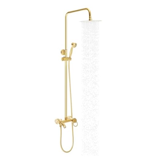 Columna de ducha dorada, columna de ducha de latón retro sistema de ducha con 20 cm, cabezal de ducha ajustable, altura 80 – 117 cm, giratorio a 360 °, mezclador de ducha