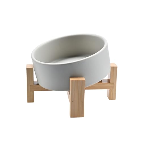 FeedFurry 犬 餌入れ ボウル 15度 斜め 陶器 猫 えさ 皿 ペット 食器 水入れ 木製 ボウルスタンド付 高さ調整可能 フードボウル 食べやすい 小型犬 400ml グレー