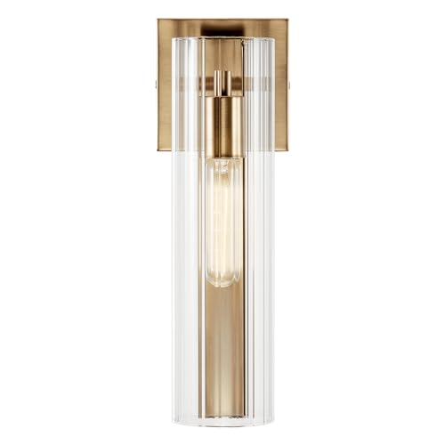 Image of Kichler Jemsa 1 Light Wall Sconce, Modern Light with Clear Fluted Glass in Champagne Bronze for Bathroom, Powder Room, Sides of Fireplace, Down a Hallway, Kitchen, or Bedroom (14 inch x 4.75 inch), 55165CPZ