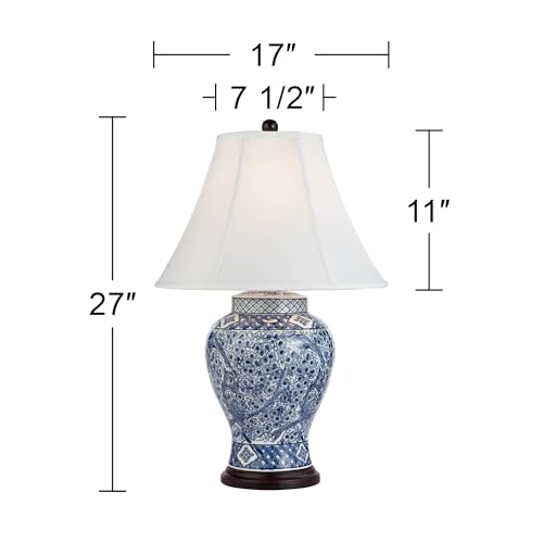 Barnes and Ivy Shonna Asian Chinese Ginger Jar Table Lamp 27" Tall Porcelain Blue White Bird and Branch Bell Shade Decor for Living Room Bedroom House Bedside Nightstand Home Office Entryway