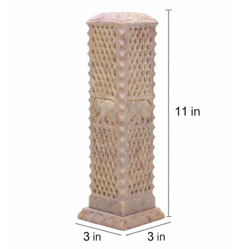 Image of Handmade Marble Soapstone Incense Stick Burner | Dhoop Batti Stand, Candle Holder, Tea Light Burner, Jaali Carving, 3 x 3 x 11 Inches