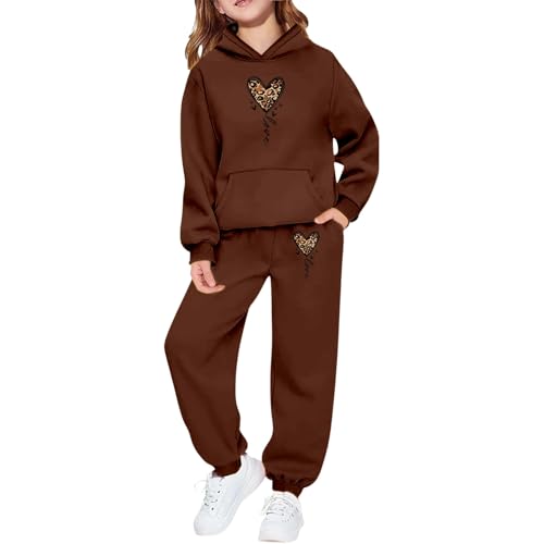 Image of Girls Leopard Print Heart Design Fleece Hooded Tracksuit with Pockets, Soft Jogger Outfit for Casual Wear, Ages 2-7 Years (Brown, 3-4 Years)