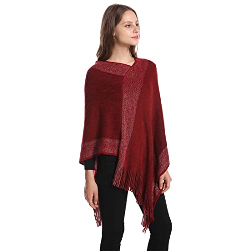 Image of Women's Elegant Knitted Shawl Poncho with Fringed V-Neck Striped Sweater Pullover Cape Gifts for Women Mom