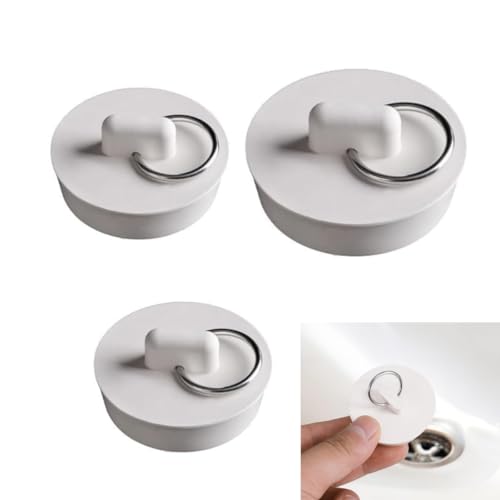 Wujzkisster 3 Pcs Rubber Sink Stopper, Bathtub Drain Stopper White Bathtub Plug Universal Bath Tub Drain Stoppers with Hanging Ring for Home Kitchen Bathroom Shower Laundry