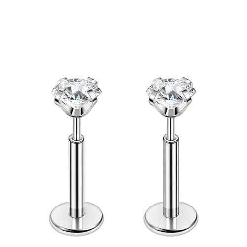 PunkTracker 16g/18g/20g Titanium Steel Threadless Flat Back Cartilage Earrings for Helix/Tragus/Conch/Daith/Earlobe - Nose Studs Lip Rings Labret Monroe Piercing Jewelry for Women Men 2PCS