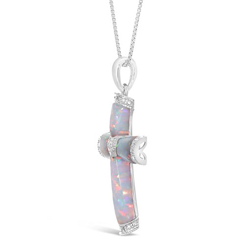 Lavari Jewelers Created White Opal Cross Pendant with .03 cttw Diamonds - Sterling Silver - 18"3