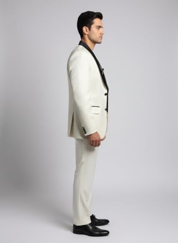Image of Men's Navy Blue Jacquard Tuxedo Suit with Black Shawl Lapel, 3-Piece Formal Wedding Ensemble, Red Pocket Square