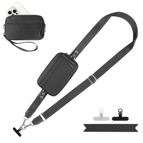YFWE Clip and Go Strap for Phone with Wallet Crossbody, Adjustable Phone Lanyard with Detachable RFID Wristlet Wallet, Black (L)