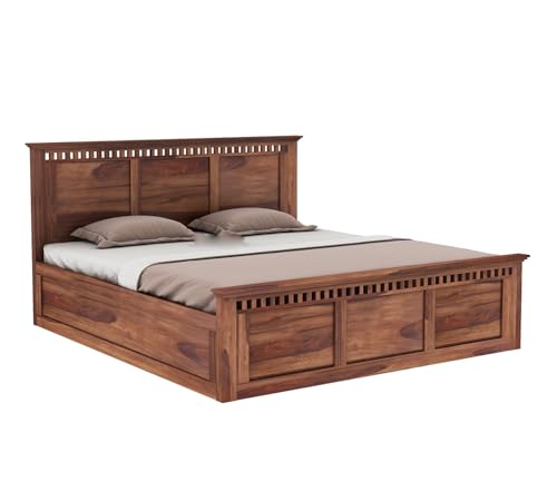 Image of Solid Sheesham Wood King Size Bed with Box Storage for Bedroom Furniture Wooden Double Bed Cot Beds Palang for Living Room Home and Hotels (Brown Finish)