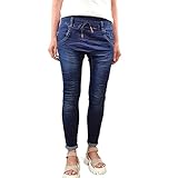 Jewelly Damen Aladin Jogger | Lange Jeans Hose aus weichem Sweat Denim| Schlupfhose aus Jogg Stoff | Haremshose mit tiefem Schritt (Dark Denim, S)