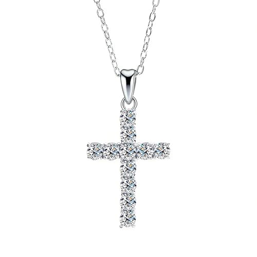 SZJINYU 3mm Moissanite Cross Necklace 316L Stainless Steel Simulated Diamond Pendant Silver Necklaces Christian Religious Jewelry Gifts for Women Mother Wife (Silver 40+5CM)