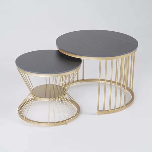 Image of Furniture Cafe Luxury Round Nesting Coffee Table Set of 2 with Black Marble Finish Top & Gold Metal Base | Modern Center Tables for Living Room, Lounge, Bedroom & Office
