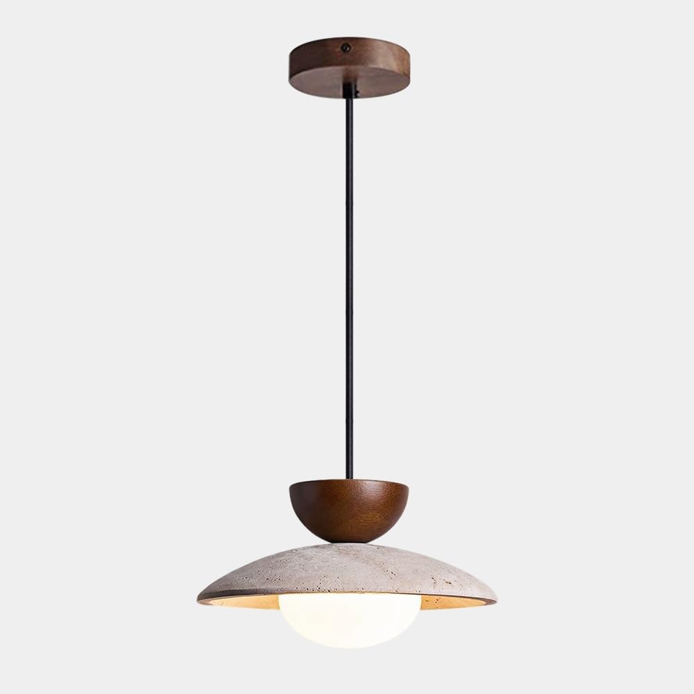 KXEcoLife Wood Pendant Light Travertine Hanging Lamp Stone Ceiling with Glass Shade 9.8” Lighting Fixtures for Kitchen Island Dining Room Cafe