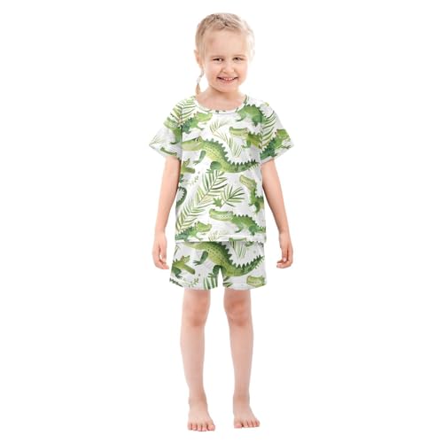 ALAZA Cartoon Crocodile Palm Leaf Pajamas Short Sleeve 2 Piece Sleepwear Top and Bottom Pajama Set Unisex3