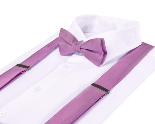 Image of Hi-Tie Light Purple Suspender Bowtie for Men Adjustable Y-Shape 6 Clips Trouser Braces Pre-Tied Bow Tie with Handkerchief Cufflinks
