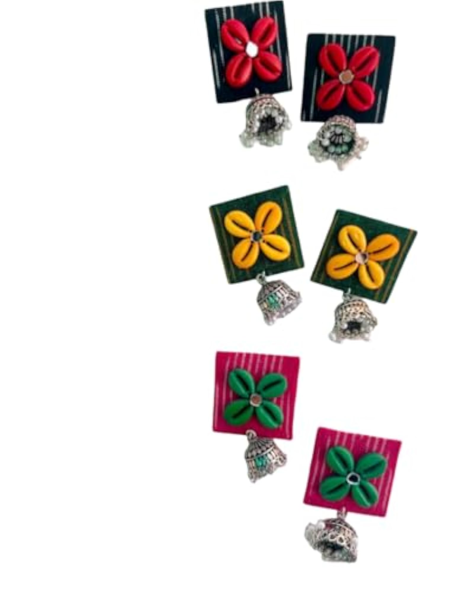 Handcrafted Floral Jhumka Earrings Set, 3 Pairs Multicolor