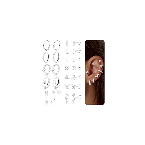 WBDWWTD Pendientes de aro de Plata de Oro de 14 Quilates para Mujeres y Hombres, Pendientes de Acero quirúrgico hipoalergénicos con Parte Trasera Plana, Juegos de Pendientes Huggie para múltiples