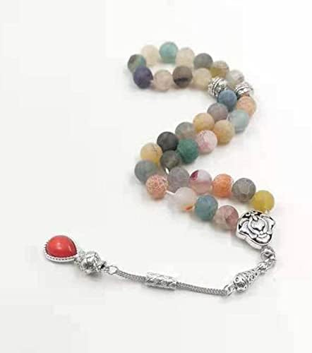 Tasbih Weathered Agate Stone with Turkish Design red Crystal tasssel Muslim misbaha (8mm x 99 Beads)