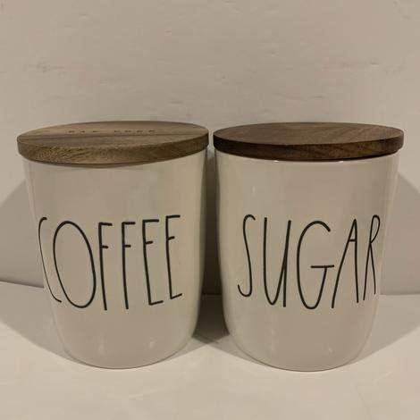 Rae Dunn COFFEE + SUGAR Cellar et of 2 - with wooden lid - Ceramic