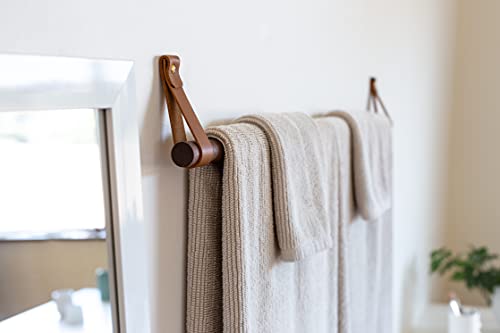 Bathroom Fixture Kit Includes Leather & Wood Toilet Paper Roll Holder, Bath Towel Rail, Leather & Brass Hanging Hand Towel Ring Hook With Gold Hardware, Straps Are Wall Mounted, Accessories Rack #TOP7