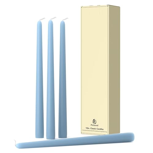 10-Inch Tall Dripless Taper Candles Set of 4 - Baby Blue Tapered Candles Perfect for Halloween Fall - Smokeless Unscented Long Burning - Hand Poured Colored Tall Candlesticks - Baby Azul