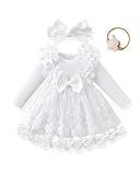 Renotemy Newborn Baby Girl Tulle Tutu Dress Fall Winter White Lace Sleeveless Fairy Baptism Princess Wedding Birthday Party Dresses for Baby Girls with Flower Headband 0-3 Months