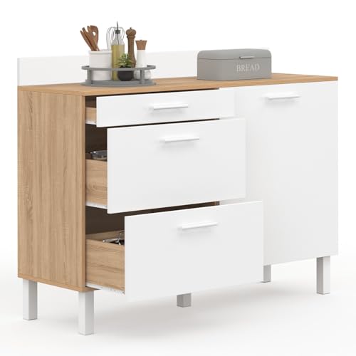 IDMarket - Buffet Bas de Cuisine 120 cm casserolier CINA Plan de Travail H.83 cm 1 Porte + 3 tiroirs façon hêtre et Blanc