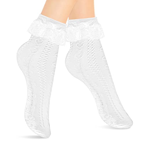 WLLHYF 1 Paar Weiße Spitzen Rüschensocken Söckchen für Damen Mädchen Söckchen mit Spitzenbesatz Weiße Undurchsichtige Rüschen mit Baumwolle Prinzessinnen Stil hübsches Kleid Socken Cover