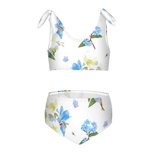 Girls Blue Iris and Forget-me-not Pattern Swimsuit Two Pieces Bikini Set Bathing Suits Swimwear Crop Top Swimsuit Set