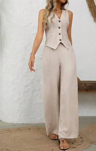 Women's Linen Two Piece Set V Neck Sleeveless Vest And Loose Pants Summer Office Casual Outfit4