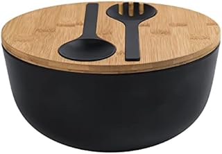 LOVYANXUE Bamboo Fiber Salad Bowl with Servers Set Large 9.8inches Nature Bamboo Mixing Bowl with Servers with Lid Spoon and Fork for Fruits ,Salads and Vegetables (Black, 10inch)
