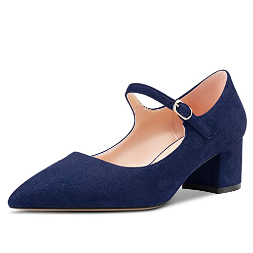 Aachcol Women Pumps Mary Jane Pointed Toe Ankle Strap Chunky Block Mid Low Heel Dress Shoes Suede Wedding Shopping 2 Inch