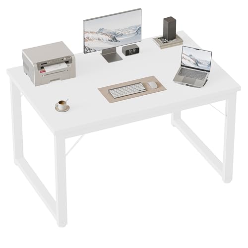 Image of 40 Inch Computer Desk, 1 inch Thick Small Office Table, White | Modern Simple Style, Heavy Duty Industrial Frame, Small Study & Writing Table for Home Bedroom Work