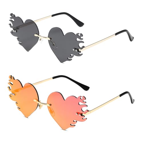 ANCLLO Lunettes de Soleil en Forme de Coeur et Design Flamme - Sans Monture Rétro Hippie pour Femmes et Hommes (2 Couleurs)