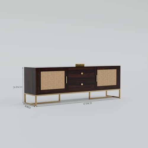 Image of Sheesham Wooden TV Cabinet for Living Room 65+ inch - TV Table for Living Room Entertainment Unit - Solid Wood TV Unit for Livingroom 65 Inch with 2 Drawers & 4 Shelves