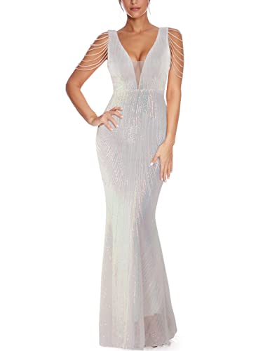Image of Women 1920s Plus Size Formal Dress Tassels Sleeve Sequins Gatsby Maxi Evening Gown