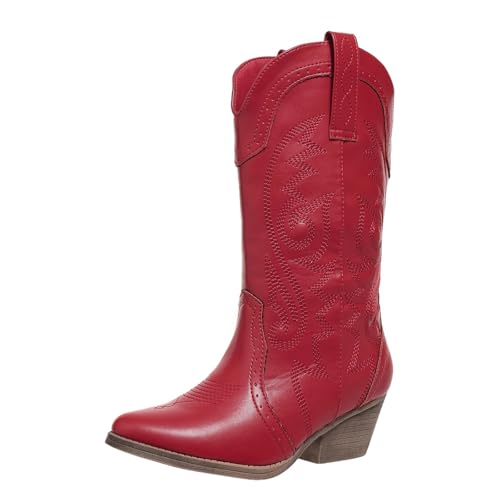 Image of SelRoys Cowboy Boots for Women Cowgirl Mid Calf Western Pointy Toe Boots Embroidered Stitched Chunky Heel Red Brown US5-11
