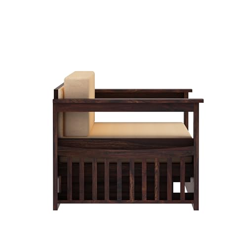 Image of Ganpati Arts Italian Solid Sheesham Wood 3 Seater Sofa Cum Bed with Side Pockets for Storage and Fabric at Back Wooden Sofa Furniture for Living Room Home (Walnut Finish)