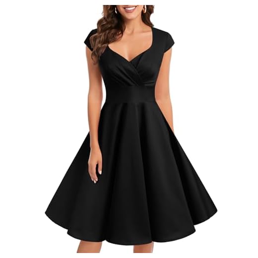 bbonlinedress 1950er Vintage Retro Cocktailkleid Rockabilly V-Ausschnitt Faltenrock Black 3XL