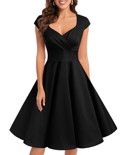 bbonlinedress 1950er Vintage Retro Cocktailkleid Rockabilly V-Ausschnitt Faltenrock Black M