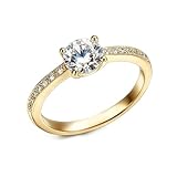 Musihy Anillos de moissanita para mujer, oro blanco de 9 quilates, 14 quilates, 18 quilates, delicado anillo de compromiso para mujer con 4 garras redondas de moissanita, Metal, Moissanita