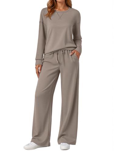 AUTOMET Airport Travel Outfits 2 Piece Lounge Sets for Women Sweat Sweatsuits 2026 Fall Matching Oversized Sweatshirt Wide Leg Pants Fashion Clothes CoffeeGrey L