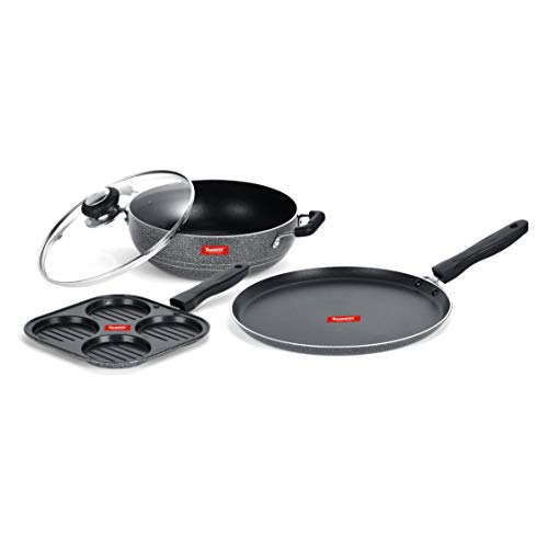 Image of Sumeet NonStick Kelabu Cookware Set (Dosa Tawa - 26.5Cm Dia + Kadhai with Glass Lid -2Ltr - 22Cm Dia + Mini Multi Snack Maker - 4 Cavity -19.5cm)