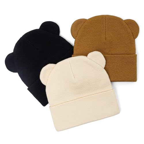 LACOFIA Gorro Punto Bebé con Orejas Oso Sombrero Invierno Suave y Cálido Beanie para Niñas Niños Pequeños Negro+Marrón+Beige 6 36 Meses