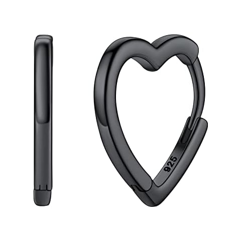Sterling Silver Hoop Earrings for Women Black Heart Shape Hoops Shiny Polish Finish Hypoallergenic Lightweight Accessory Cover