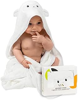 JM Hooded Baby Towel for Kids & Babies - Soft, Large Bath Towels, 35"x35" - 100% Bamboo, Hypoallergenic, Absorbent - Perfect Baby Gift, Newborn Essentials with Washcloth & Laundry Bag - Lamb