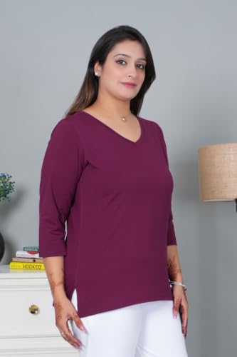 Image of Mlada V-Neck Cotton 3 /4th Sleeves Tshirt for Women | Stretchable Regualr Fit Solid Cotton Tshirts | Casual 3 /4th Sleeves Tshirts for Women Office Wear | Solid Round Neck Tshirt